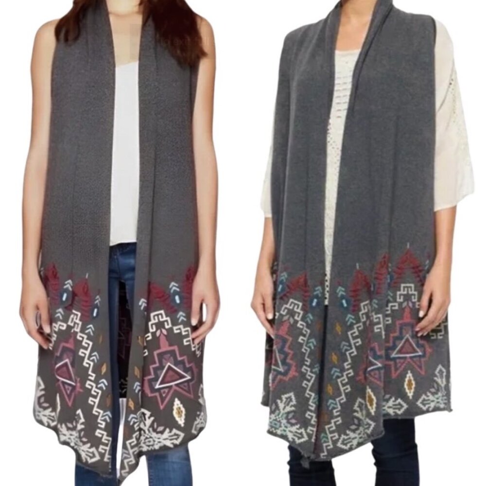 Johnny Was JW Los Angeles Tisha Embroidered Knit Drape Vest in Charcoal Size 1X